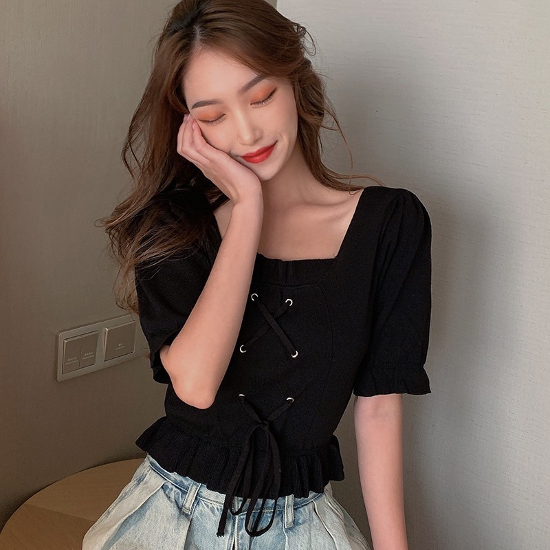 Áo Dệt Kim Tay Ngắn Cổ Chữ U Màu Trơn Đơn Giản Dễ Phối Đồ Cho Nữ