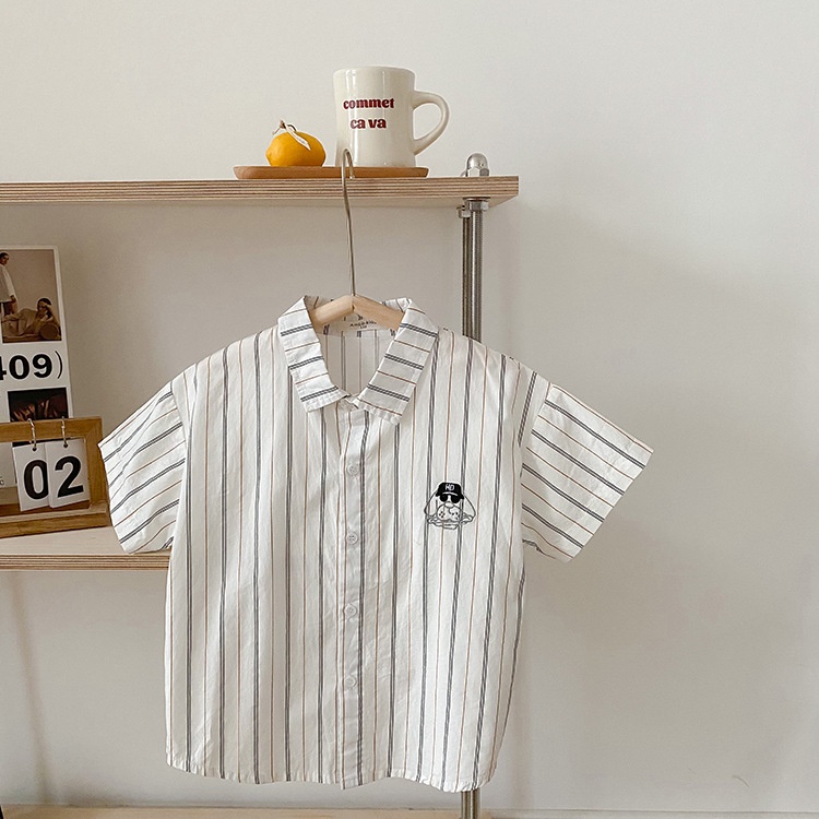 Áo Sơ Mi Kẻ Dọc Thêu Hình Chó Cho Bé Trai Bé Gái Shop Quần Áo Trẻ Em Phong Cách Hàn Quốc Moy Kids