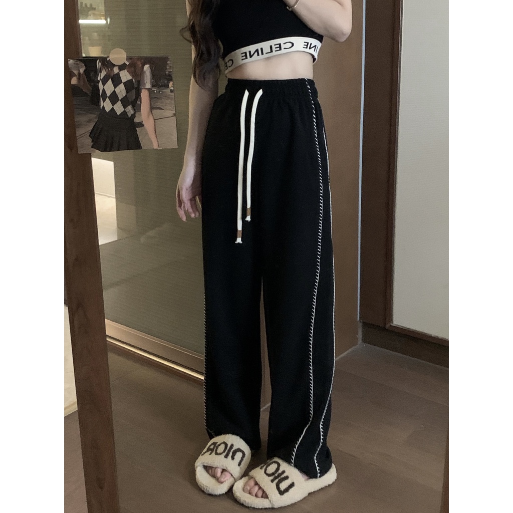 Quần Dài Thể Thao Lưng Cao Ống Đứng Màu Đen Phối Dây Rút Phong Cách Hàn Quốc Thời Trang Cho Nữ