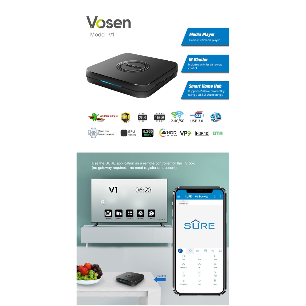 Android TV box Vosen V1 Amlogic S905X2 2GB DDR4 RAM 16GB ROM 5G WIFI bluetooth 4.0