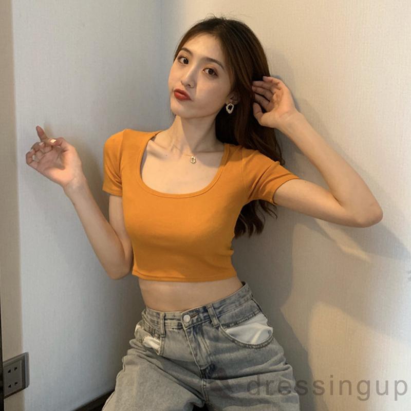 DRE-Women Summer T-shirts, Female U Neck Short Sleeve Solid Color Slim Fit Short T-shirts