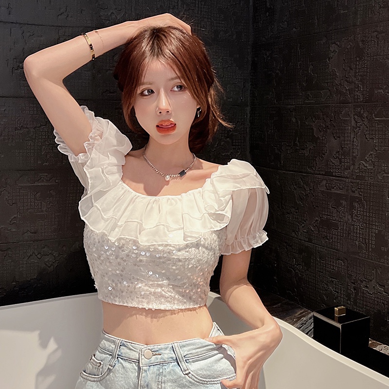 Áo Chiffon Tay Ngắn Hở Vai Đính Kim Sa Lấp Lánh Quyến Rũ Dành Cho Nữ