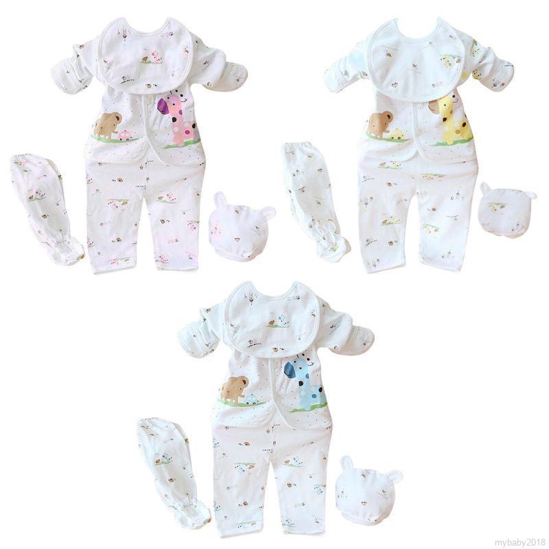 Set 5 món quần áo ngủ + yếm + mũ bằng cotton cho bé sơ sinh