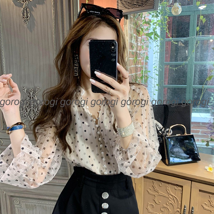 Áo sơ mi nữ ren thiết kế kiểu hai lớp đẹp form rộng áo sơ mi ren nữ dài tay công sở trắng dáng suông GOROGI