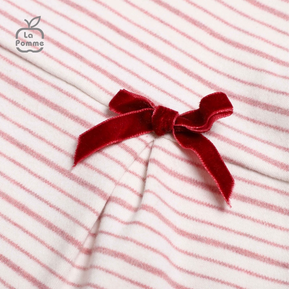 SL214 Bộ quần áo dài tay bé gái La Pomme kẻ nơ đỏ - Chất liệu cotton xinh xắn