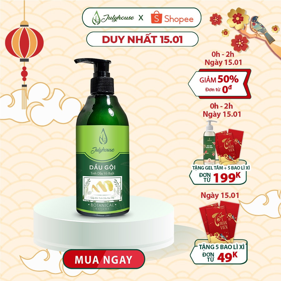 [Hàng Mới] Dầu gội Bưởi Cao Cấp ngăn ngừa gàu và rụng tóc 300ml JULYHOUSE bổ sung tinh dầu Bạc Hà thanh mát da đầu