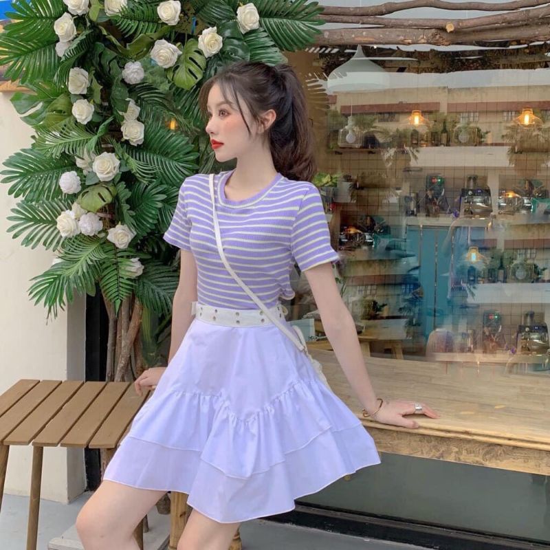 Bộ váy nữ 🍓ẢNH THẬT - Chân váy voan tầng kết hợp cùng áo kẻ sọc cột dây - Chất liệu mát mẻ, phong cách ulzzang Hàn Quốc