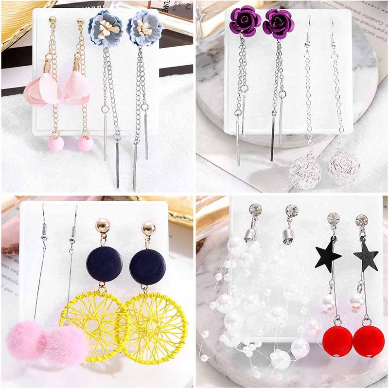 Bộ Hai Đôi Khuyên Tai Dáng Dài Đính Đá Phong Cách Hàn Quốc Cho Nữ