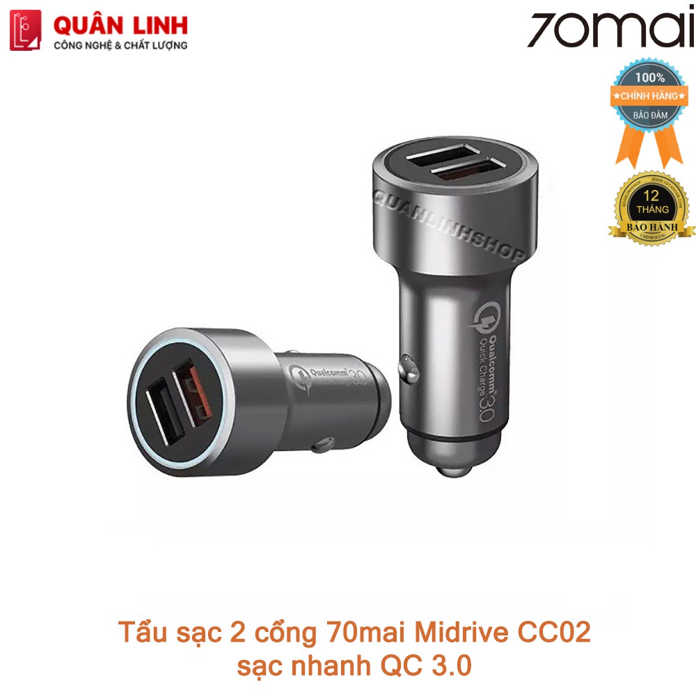 Tẩu sạc nhanh 2 cổng trên xe hơi 70mai Midrive CC02, bảo hành 12 tháng