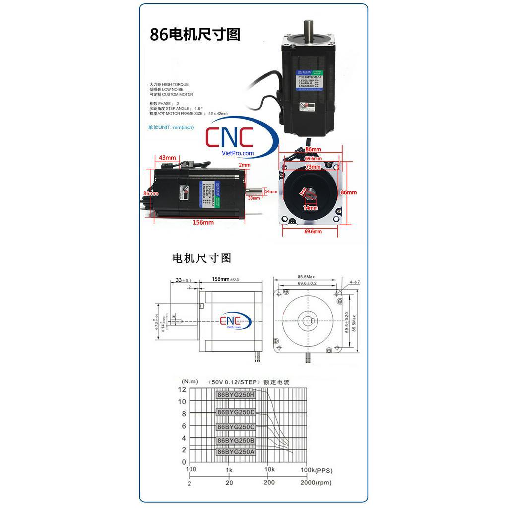 Động cơ bước 86 có phanh từ CNCVietPro 86BYG250D 8.5nm có thắng từ