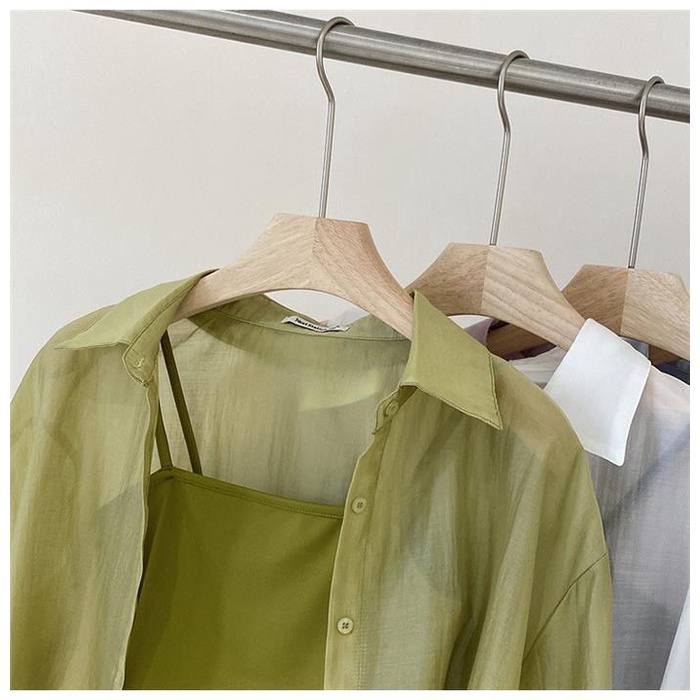 Spot Korean summer women's shirt sunscreen cardigan Tencel cotton side button semi transparent thin shirt jacket sunscreen shirt women's spring and summer loose Long Sleeve Jacket