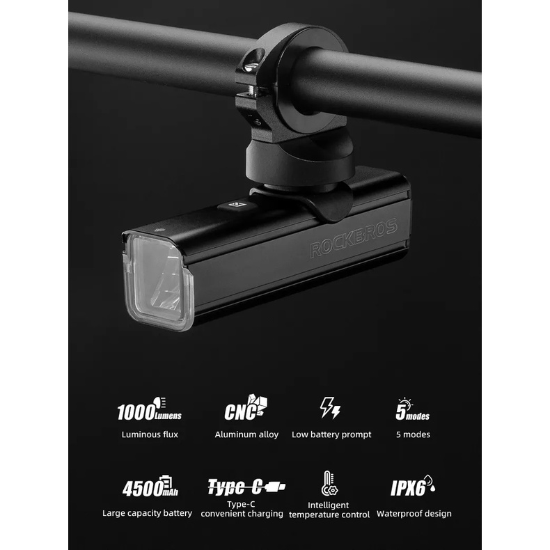 Đèn xe đạp Rockbros RHL-1000, độ sang 1000lm, pin 4800mah