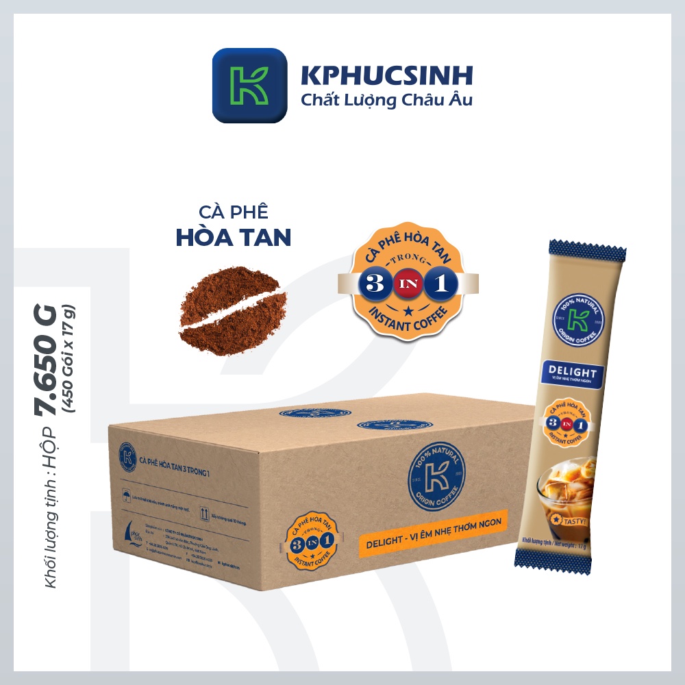 Cà phê hòa tan 3 in 1 K Delight 7650g 17g x 450 gói KPHUCSINH - Hàng Chính Hãng