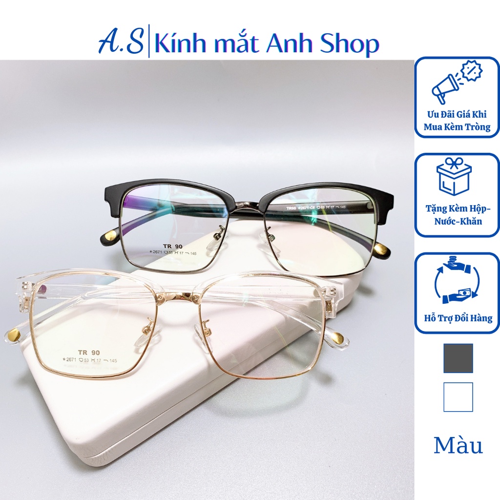 Gọng kính vuông to thời trang nam nữ khung kính kim loại càng kính nhựa dẻo 2671