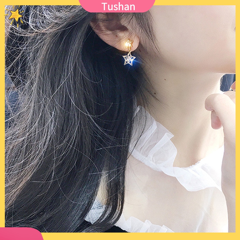 TUSH Women Rhinestone Moon Star Asymmetric Dangle Ear Stud Earrings Jewelry Gift