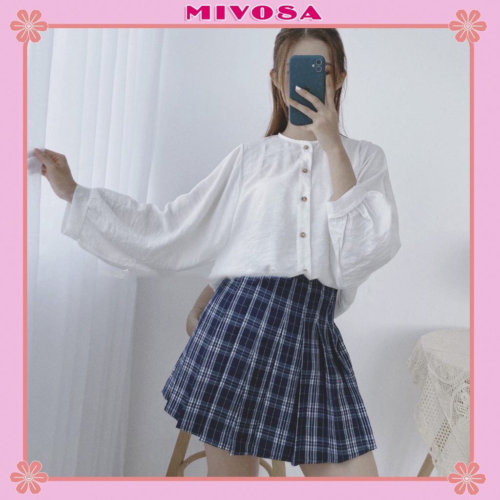 Áo sơ mi đũi hàn cúc dọc tay bồng sơ mi babydoll cổ tròn trắng học sinh MIVOSA SM014