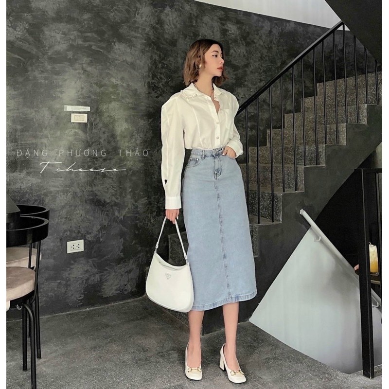 Váy Jean dài qua gối xẻ sau dễ phối đồ vải đẹp may kỹ nha | BigBuy360 - bigbuy360.vn