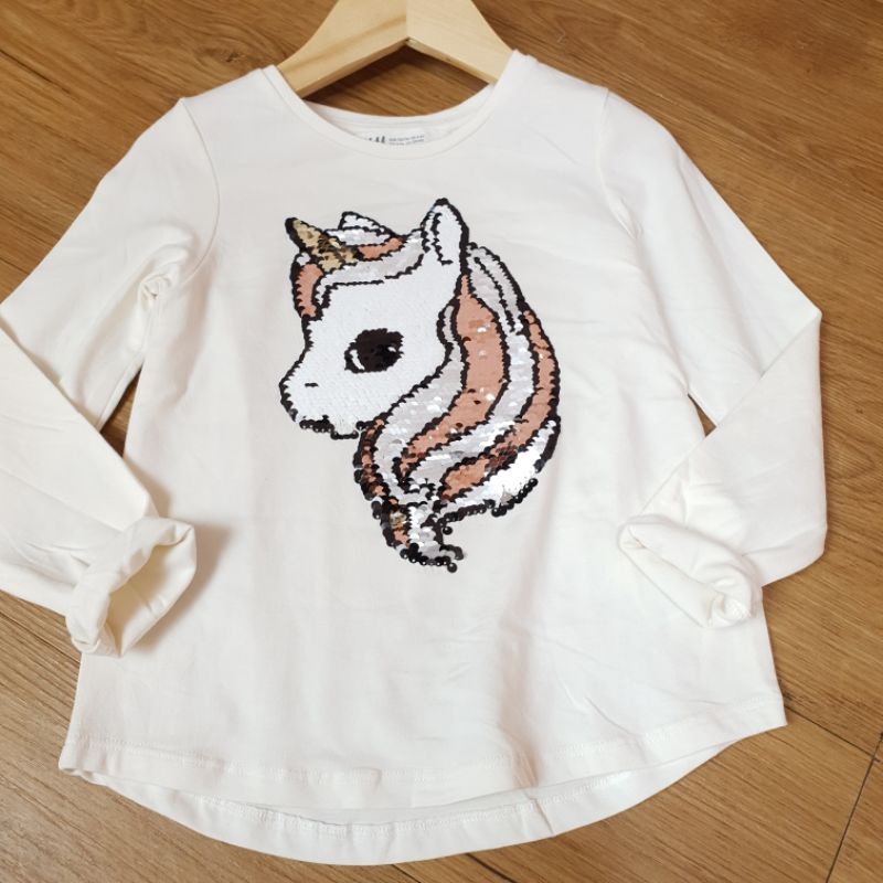 Áo thun bé gái HM dài tay có in hình ngựa pony chất cotton