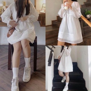 Đầm suông babydoll cổ V tay phồng ulzzang form rộng đi tiệc công sở