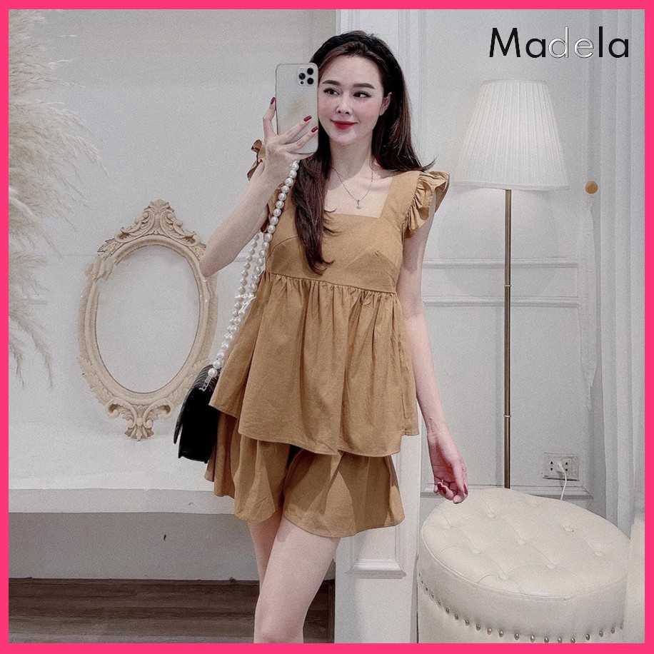 Bộ Mặc Nhà Nữ Bánh bèo Cổ Vuông vai bồng tay ngắn, Đồ Mặc Nhà Babydoll nữ kiểu Mix Quần Sooc - SN06