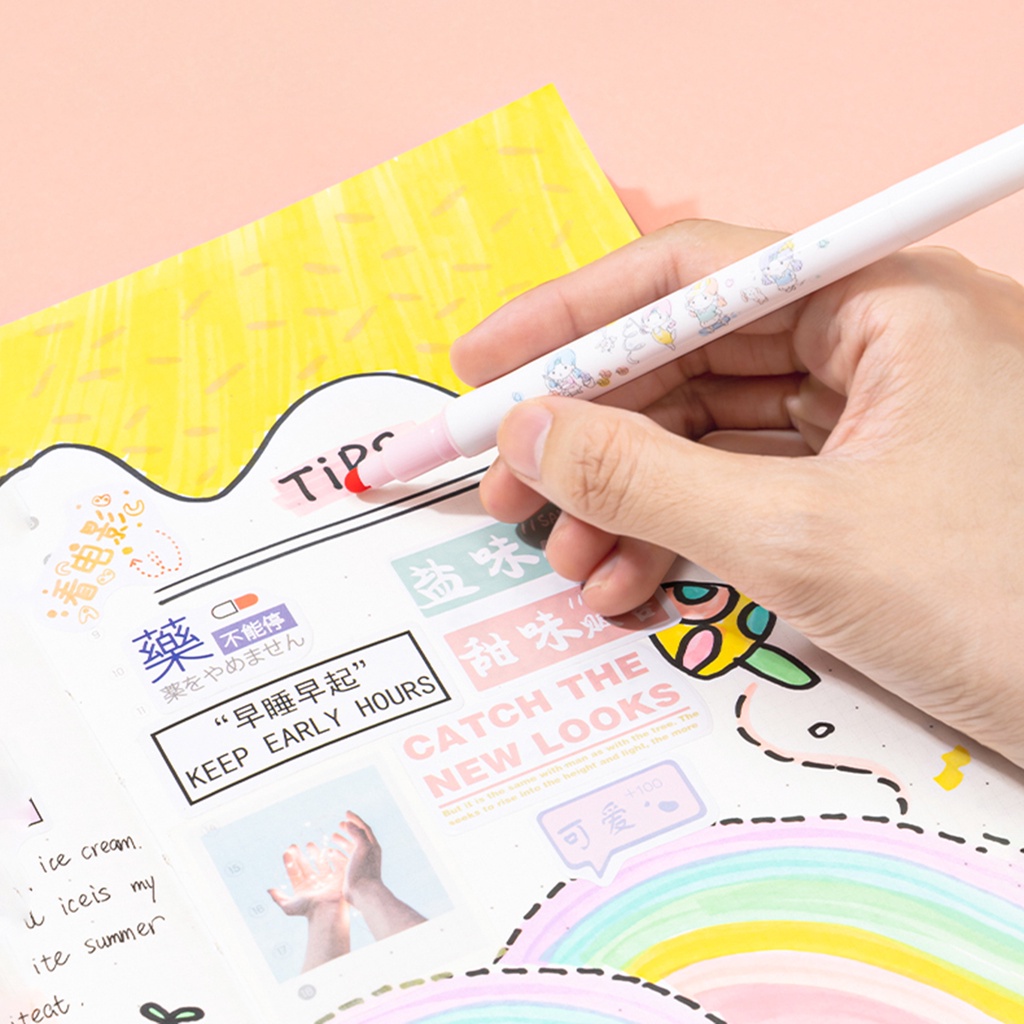 Bộ 6 Bút Bắt Sáng Hai Mặt Màu Macaron Hoạt Hình Dễ Thương