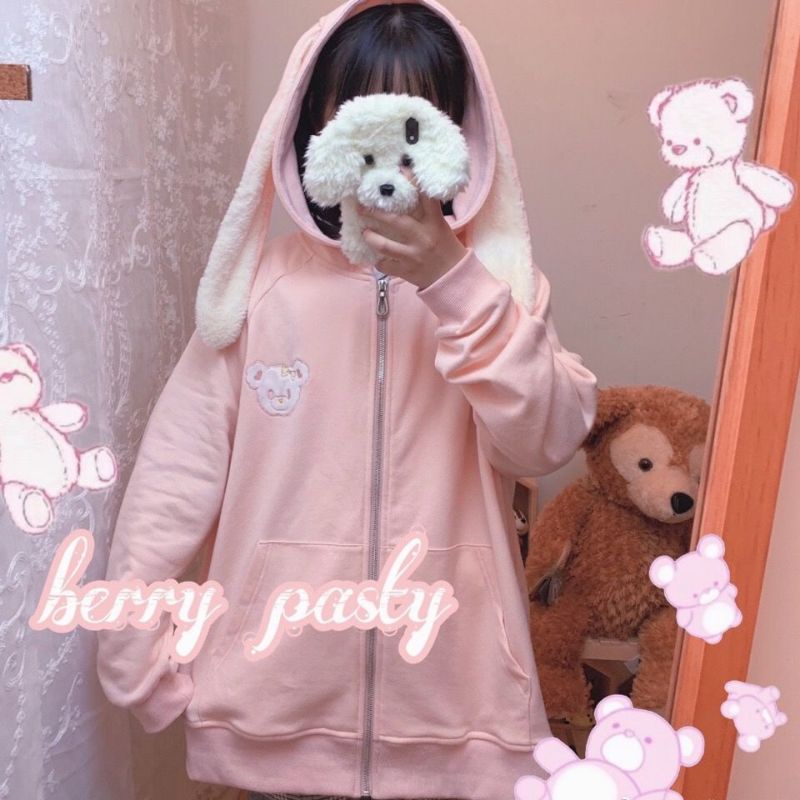(sẵn) Áo khoác tai thỏ lolita dáng rộng xanh và hồng 100% ảnh thật đẹp cực kỳ