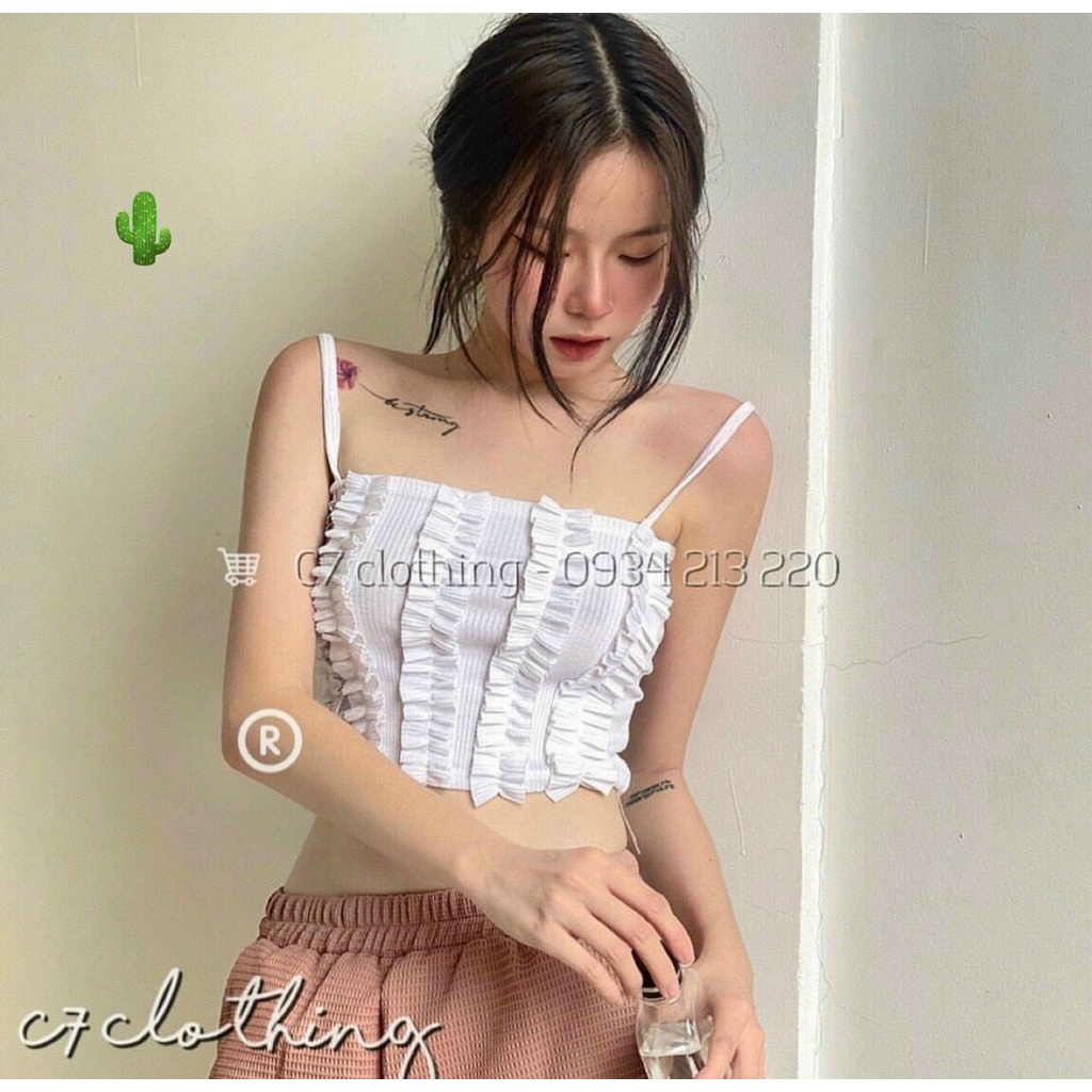 Áo thun 2 dây gân bèo viền xinh dáng croptop