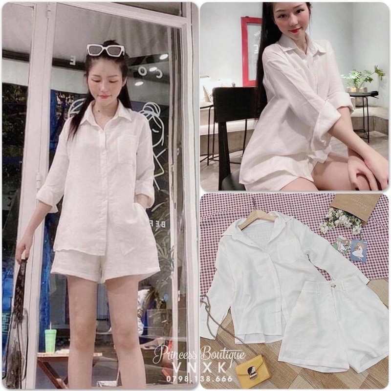 Set bộ đũi trắng dài tay quần short