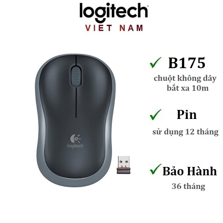 Chuột không dây Logitech B175 - USB 2.4Ghz, nhỏ gọn, pin 12 tháng, thuận cả 2 tay, phù hợp PC/Laptop