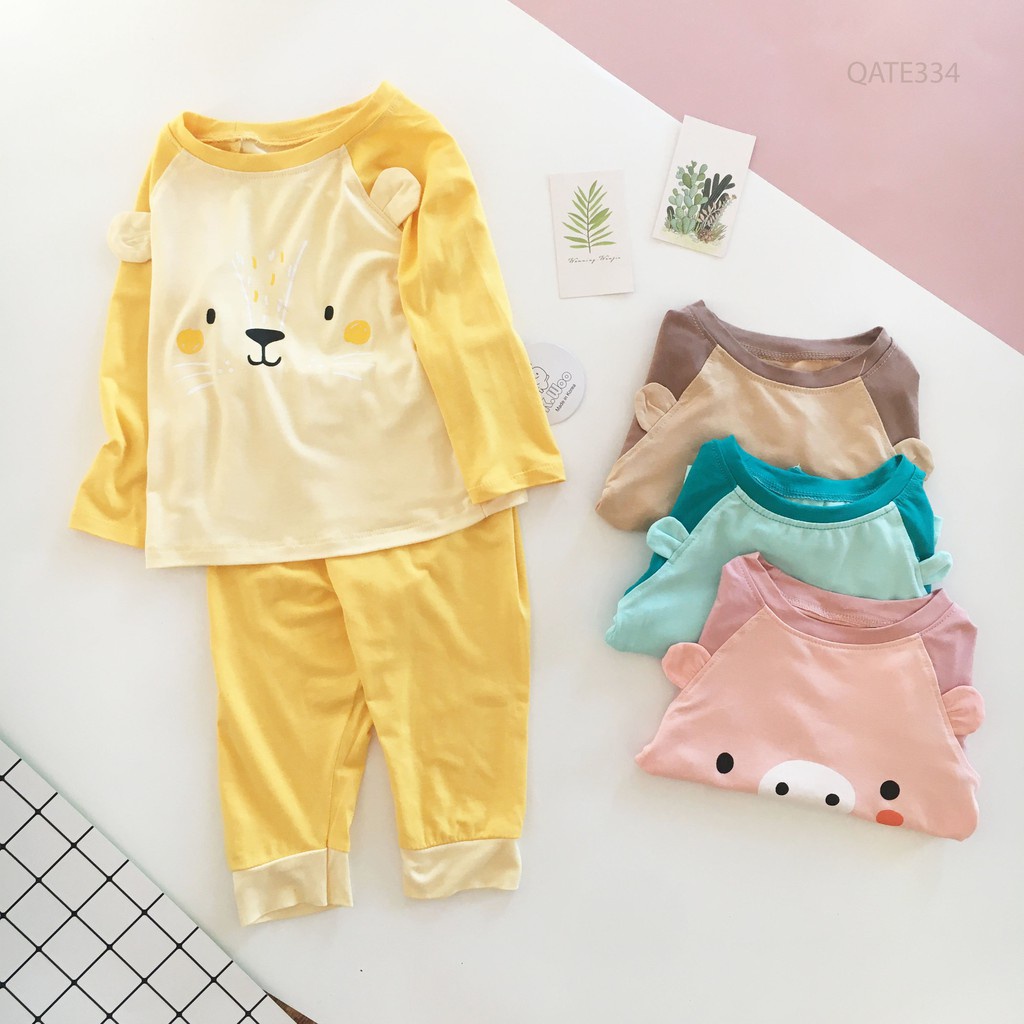 Bộ Dài Tay KWOO Thun Lạnh Phiên Bản Tai Thú 5 Màu Cực Đáng Yêu Cho Bé Trai Bé Gái