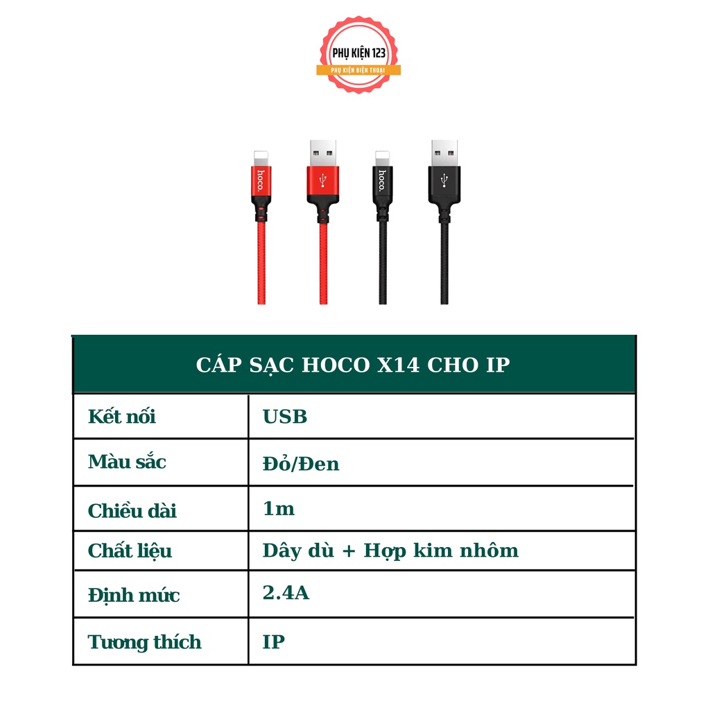 Dây sạc chính hãng Hoco X14 sạc nhanh hỗ trợ sạc cho điện thoại IP chiều dài 1m chất liệu dây dù chống đứt-Phụ Kiện 123