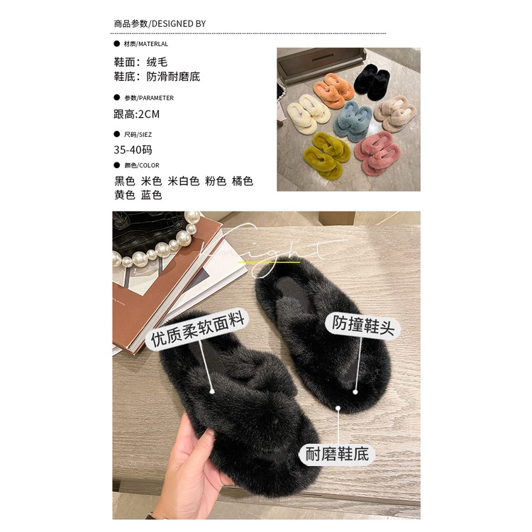 Dép lông quai ngang Cotton Lông Thỏ Quai Chéo Phong Cách Hàn Quốc Thời Trang Thu Đông Hàng Mới 2022 Dành Cho Bạn Nữ Mang Ngoài Trời