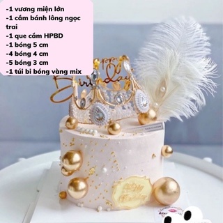 Sét trang trí bánh sinh nhật vương miện lông ngọc