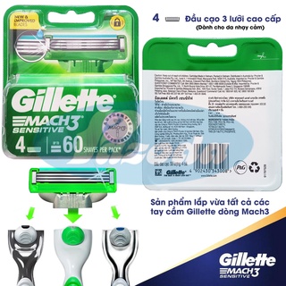 Hộp 4 lưỡi dao cạo râu Gillette Mach 3 sensitive (đầu cạo 3 lưỡi kép)