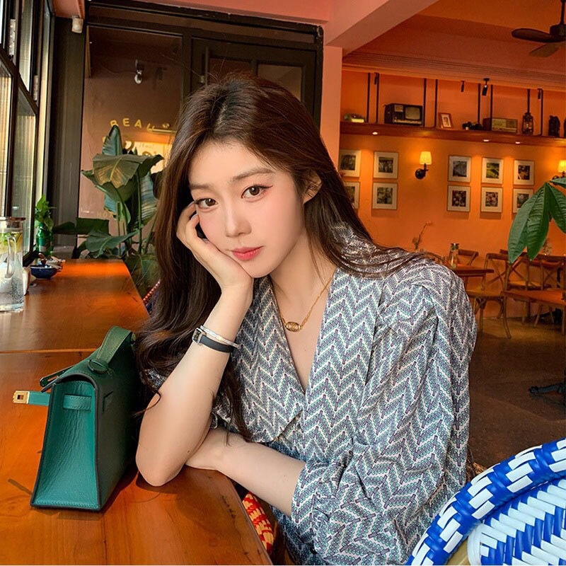 Áo sơ mi công sở nữ ngắn tay phồng kẻ sọc họa tiết cổ bẻ V form rộng bigsize kiểu Hàn Quốc ulzzang xiaozhainv vn N-5