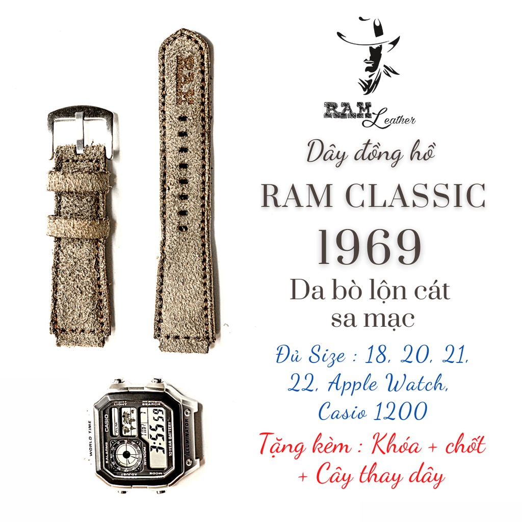 Dây đồng hồ RAM Leather 1969 cho CASIO 1200, AE 1200, 1300, 1100, A159 , A168 , Size 18 da bò vàng cát sa mạc