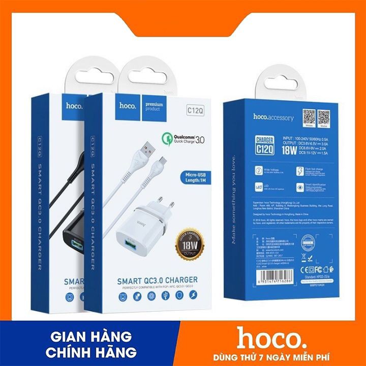 Bộ Sạc Hoco C12Q Hỗ Trợ Quick Charge 3.0 18W Kèm Cáp Micro USB