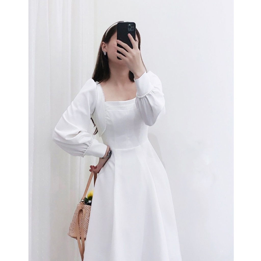Váy trắng dự tiệc cổ vuông tay dài phối ren hạt sống chất , Đầm dáng xòe ulzzang (hình thật/ sẵn)
