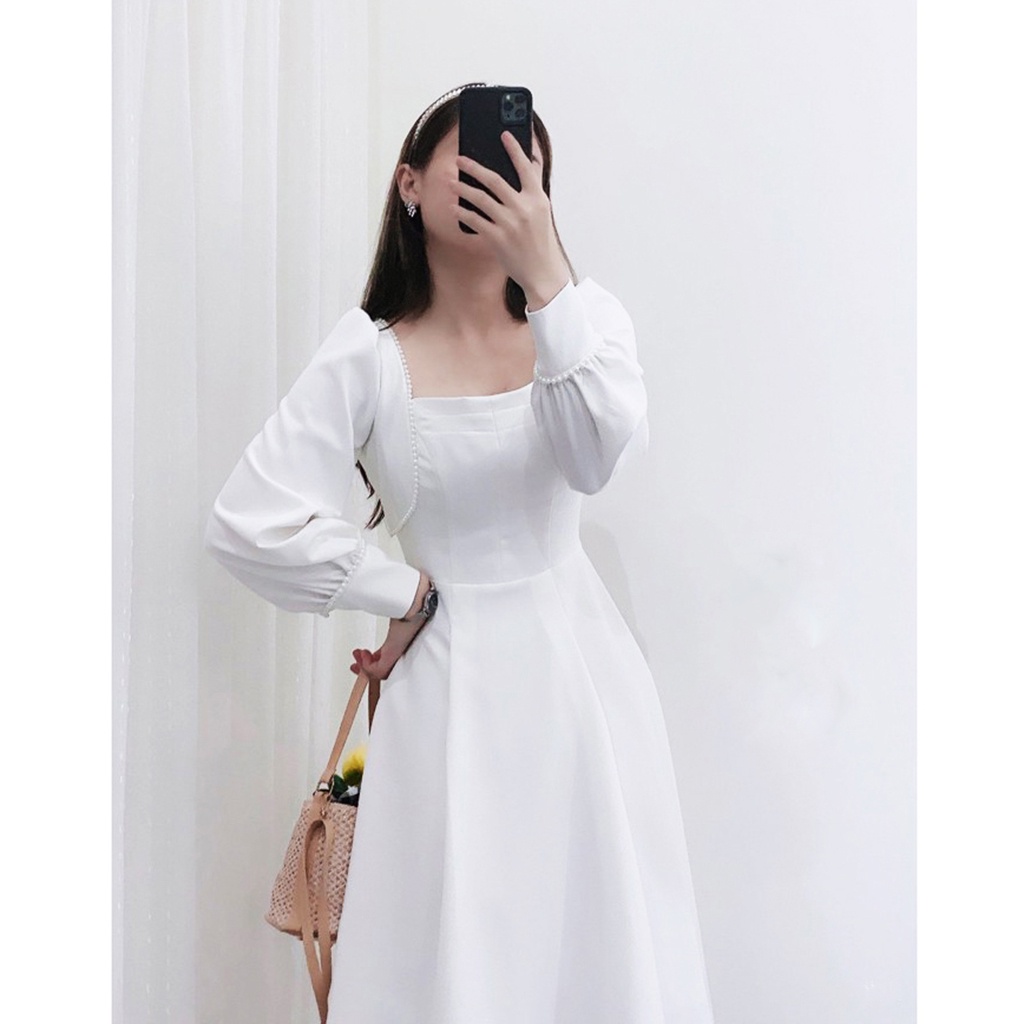 Váy trắng dự tiệc body cổ vuông tay dài phối ren hạt sống chất , Đầm dáng xòe ulzzang (hình thật/ sẵn) | BigBuy360 - bigbuy360.vn