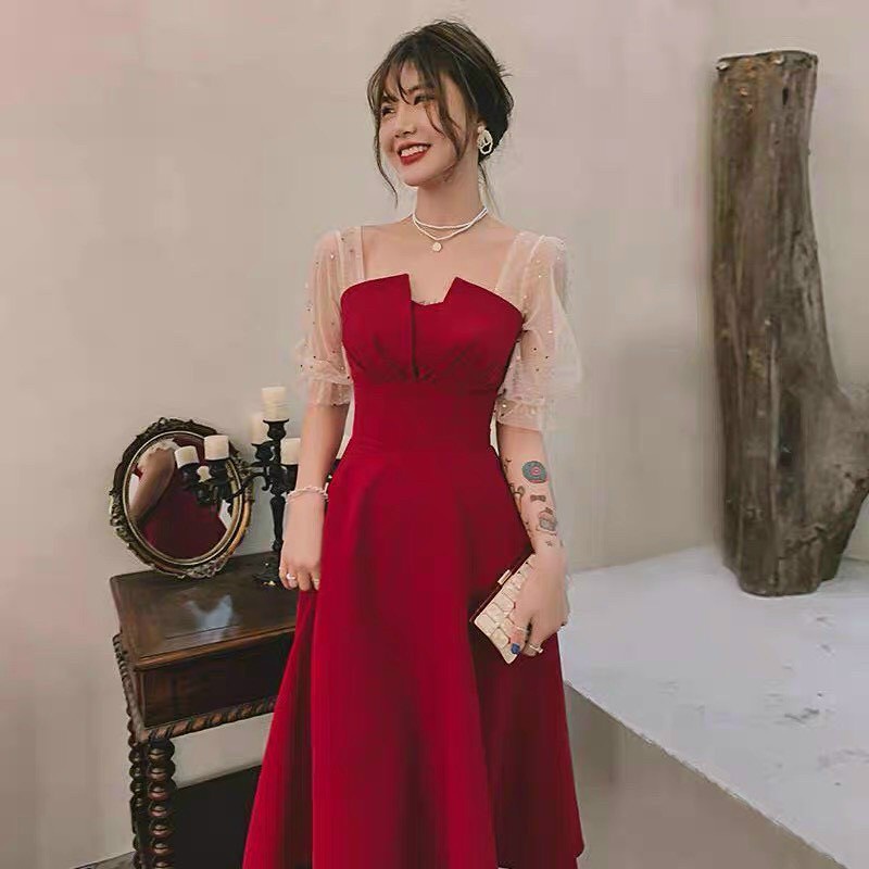 Đầm Xòe Cổ Vuông Phối Lưới Sao D413 JUMI BOUTIQUE