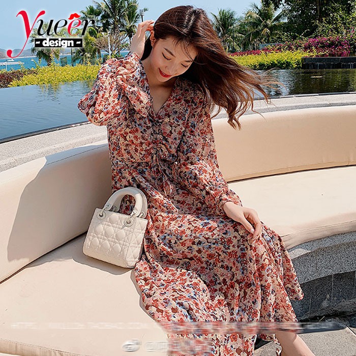 Đầm Chiffon Dài Cổ Chữ v In Họa Tiết Hoa Nhí Xinh Xắn Phong Cách Cổ Điển Thời Trang Cho Nữ