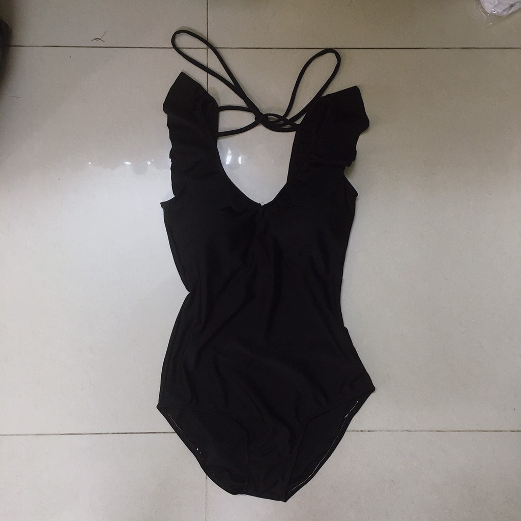 [ÁO TẮM NỮ] Bikini 1 mảnh viền bèo màu đen baby