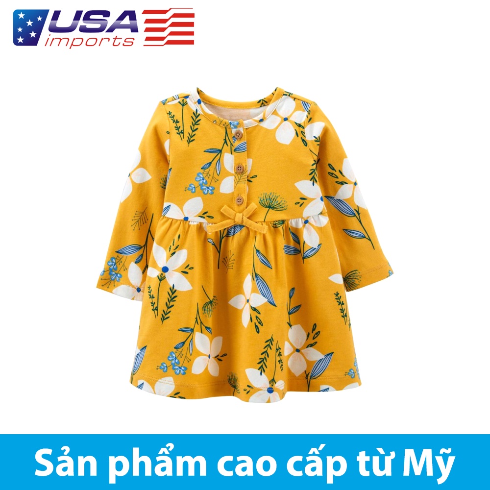 Đầm bé gái cotton tay dài vàng hoạ tiết hoa Car-tờ Auth Từ Mỹ (1M030610)