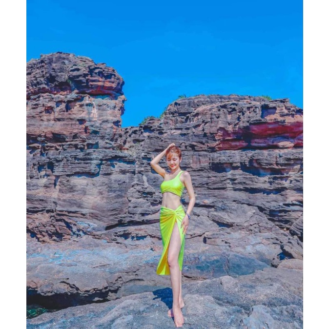 Bikini nữ đồ bơi bộ bơi đi biển set 3 món áo lệch vai váy xoắn dài qua gối (nhiều màu) EVA S3MVX