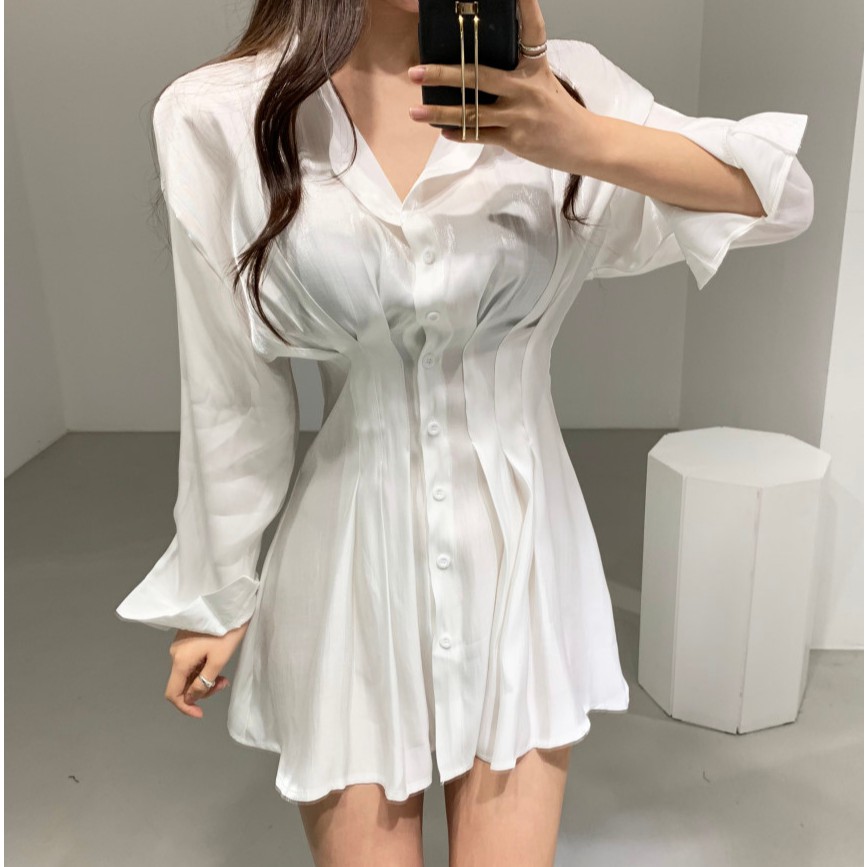 Đầm nữ sơ mi dáng xòe tay dài mini Emilyshop