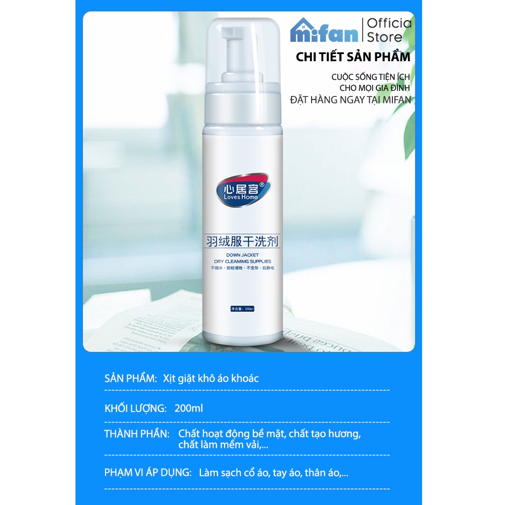 Chai Xịt Giặt Khô Áo Khoác Loves Home 200ml - Bình xịt bọt làm sạch vệ sinh quần áo siêu tốc - MIFAN HÀNG CHÍNH HÃNG