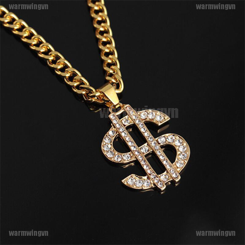 Gold Plated Crystal Dollar Sign Pendant Necklace Gangster Pimp Hip Hop Chain ingvn