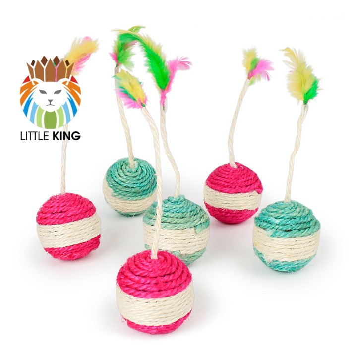 Đồ chơi cho mèo Bóng cói sisal dây thừng lông vũ cỡ to 7cm Little King pet shop