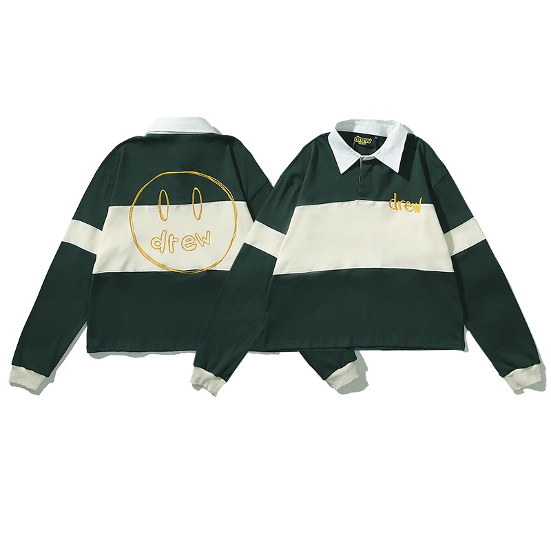 Eye-áo sweater Polo Kẻ Sọc Thêu Chữ Mặt Cười Xu Hướng Đường Phố Cao Cấp