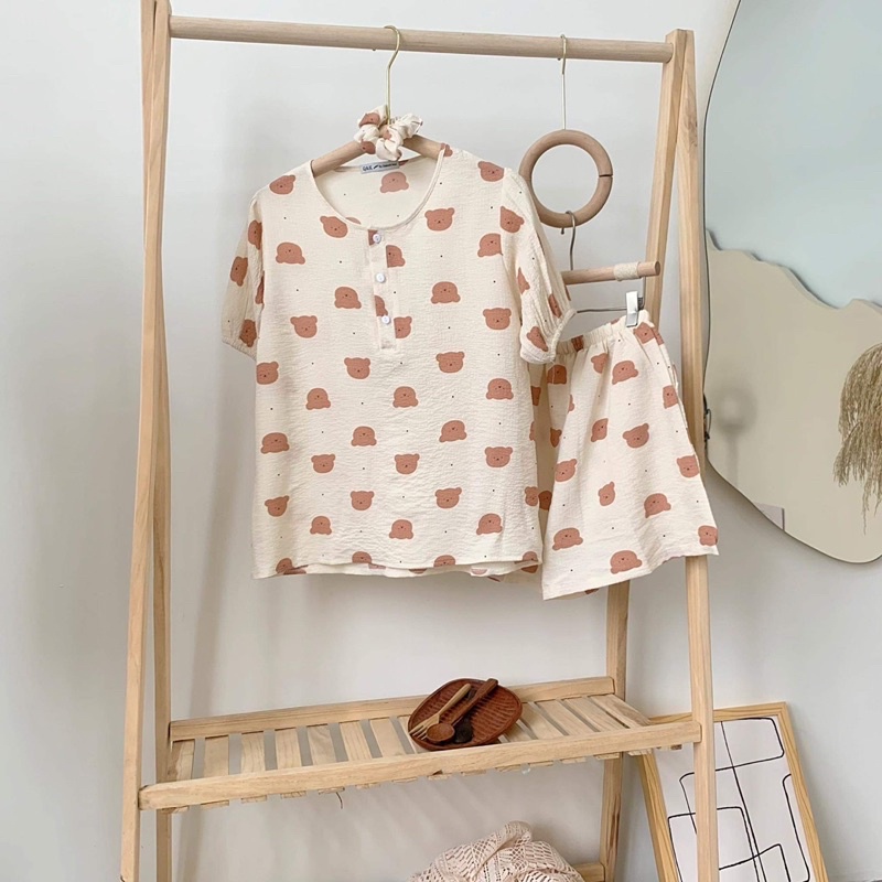 [HÀNG SẴN]BỘ ĐỒ PIJAMA CỘC TAY CHẤT ĐŨI XỐP KÈM SCRUNCHIES SIÊU ĐÁNG YÊU